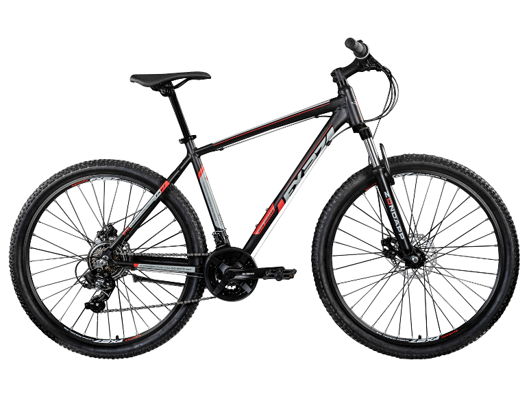 Schwarzes und rotes Zündapp Mountainbike mit Shimano Details.