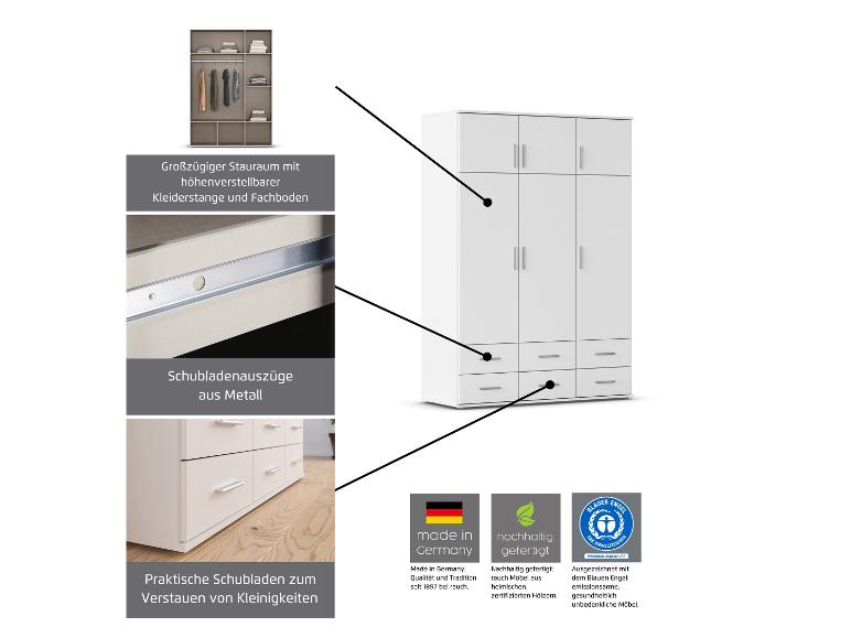 Weißer Kleiderschrank mit viel Stauraum, verstellbaren Stangen, Metallschubladen und Qualitätssiegeln.