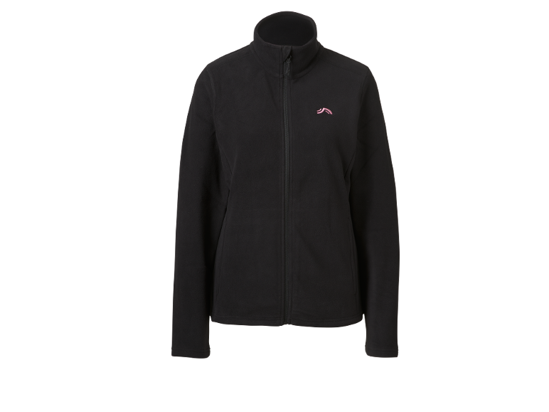 Schwarze Fleecejacke mit Reißverschluss und kleinem rosa Logo auf der Brust.
