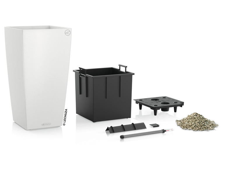 Weiße Lechuza Cube Blumenvase mit Wasserspeicher und Zubehör.