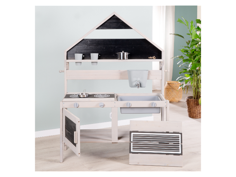 Roba Kinderspielküche aus hellem Holz mit grauen Akzenten.