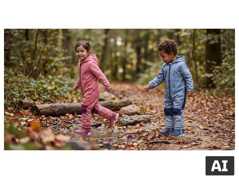 Kinder in LUPILU Softshell-Overalls spielen in einer Pfütze im Wald. [KI-generiertes Bild]
