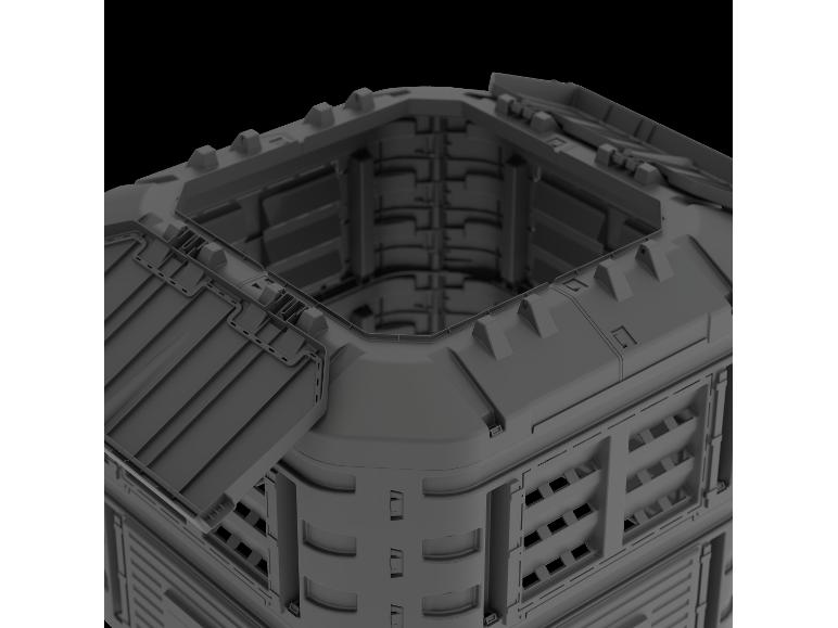 Grauer modularer Sci-Fi-Container mit offener Oberseite, zeigt interne Details.