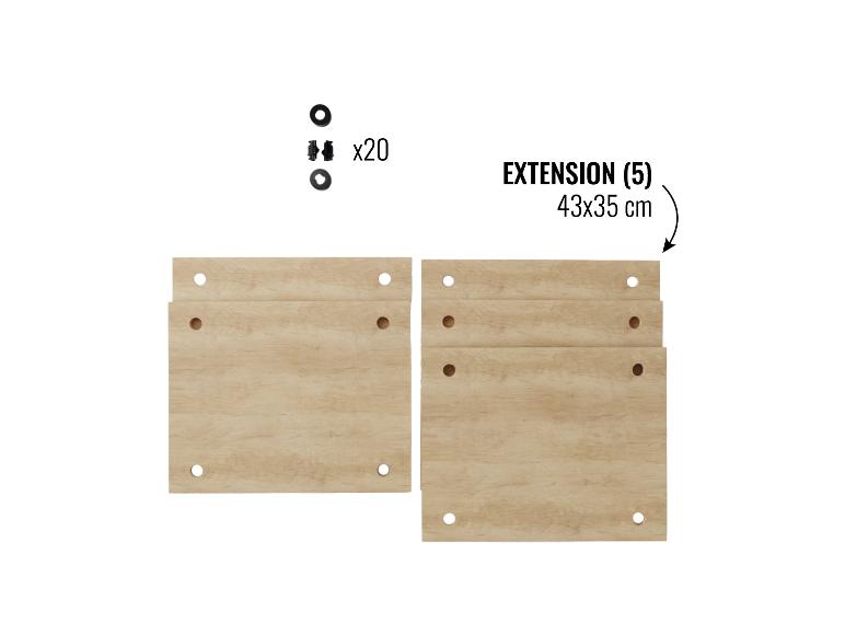 Fünf Holzverlängerungsbretter (43x35 cm) und 20 Befestigungselemente.