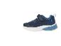 Blaue Kinder-Sportschuhe mit Klettverschluss und Dinosaurier-Print.