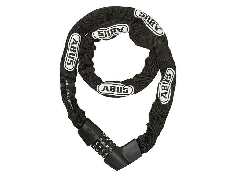 Schwarze Sicherheitskette mit Zahlenschloss, mit weißen Schriftzügen.