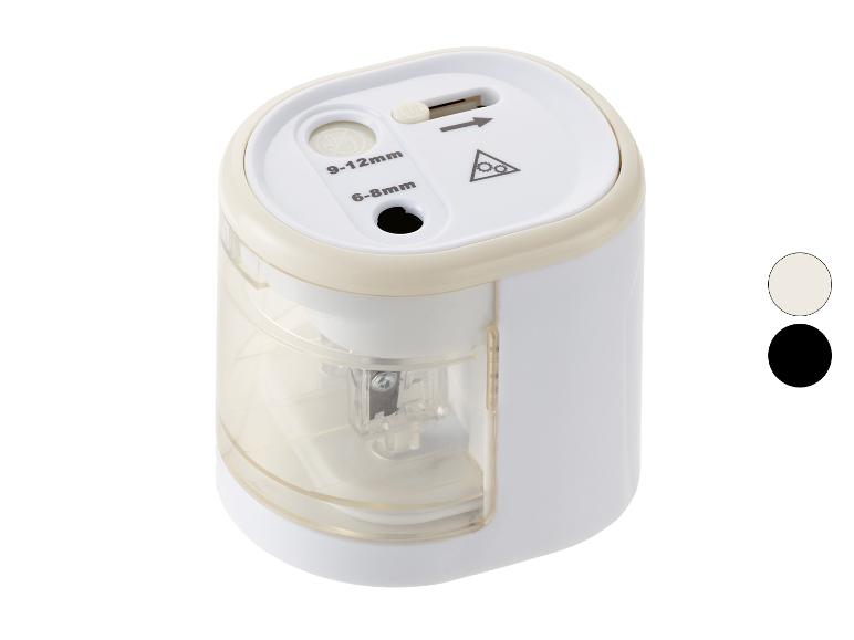 Weißer und beiger elektrischer Bleistiftspitzer mit zwei Öffnungen (6-8mm und 9-12mm).
