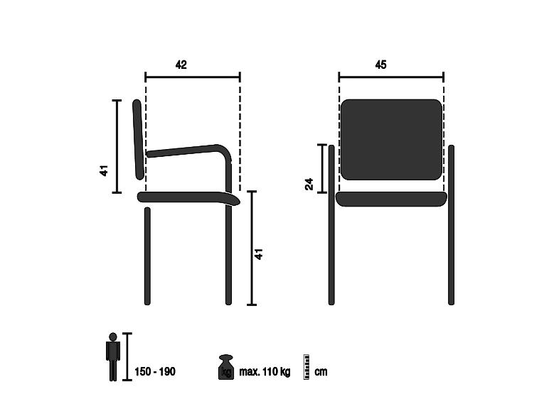 Maße des Bürostuhls: Sitzhöhe 41 cm, Breite 42 cm, Tiefe 45 cm.