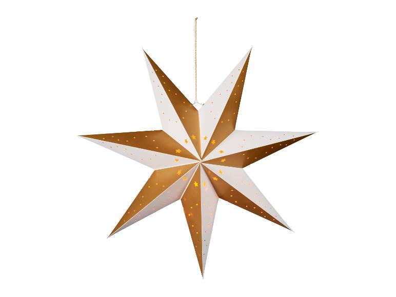 Weißer und goldener Weihnachtsstern mit Lichtern, hängend.