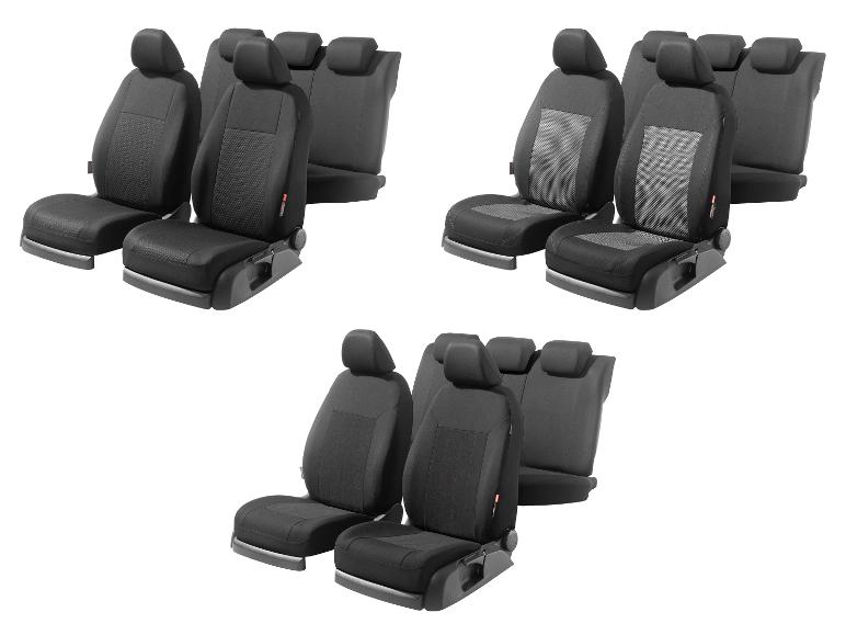 Drei Sätze schwarzer Autositzbezüge mit verschiedenen Texturen.