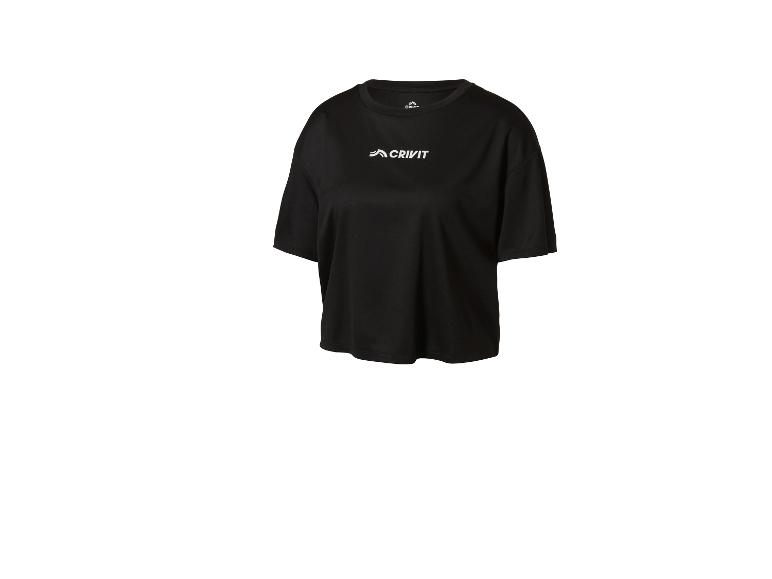 Schwarzes kurzärmeliges Sport-T-Shirt mit weißem Logo auf der Brust.