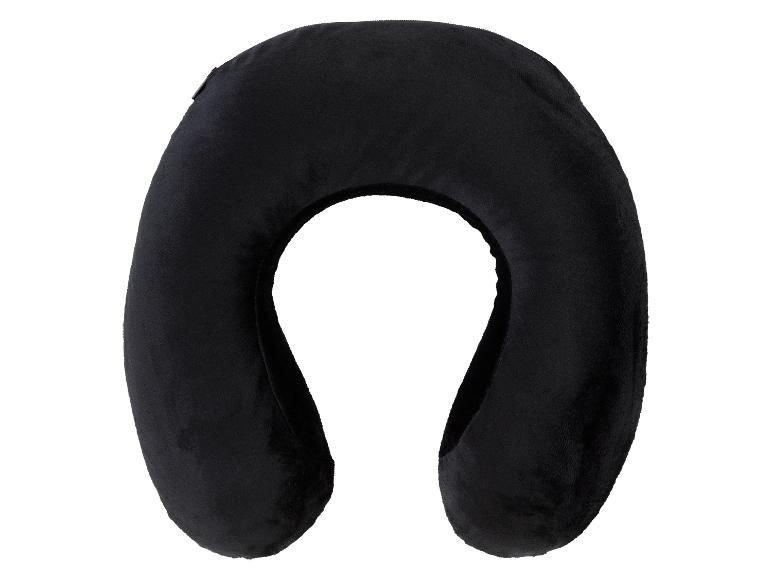 Schwarzes Reisekissen aus Velours, für Komfort im Flugzeug oder Auto.