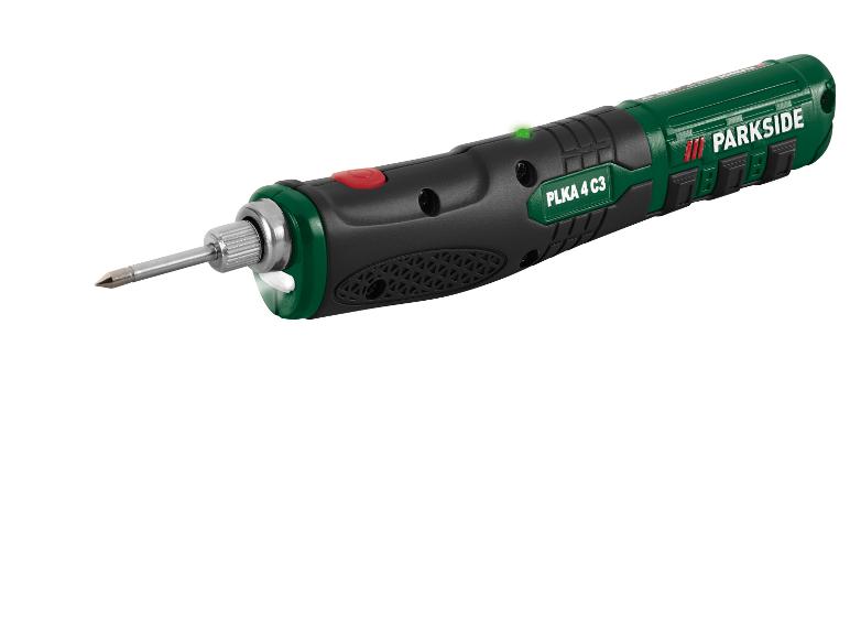 Grün-schwarzer Akku-Lötkolben mit Metallspitze und LED-Licht, mit der Aufschrift „PLKA 4 C3“.