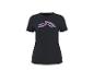 Schwarzes Damen-T-Shirt mit abstraktem rosa-blauem Muster auf der Vorderseite.