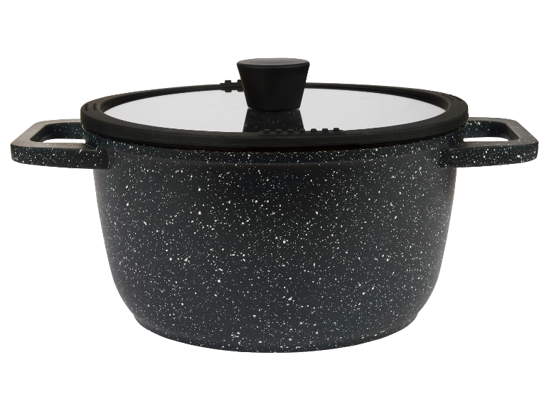 Schwarze Töpfe mit Glasdeckel.