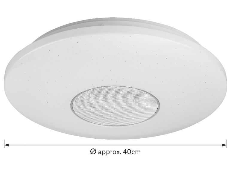 Runde weiße LED-Deckenleuchte mit integriertem Lautsprecher, ca. 40 cm Durchmesser.