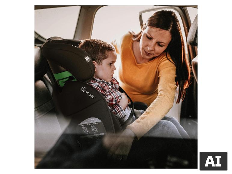 Eine Frau schnallt ein Kind im BABYGO Kindersitz Safechild Isofix an. [KI-generiertes Bild]