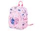 Rosa Kinderrucksack mit blauen und rosa Zeichentrickfiguren und Herzen.