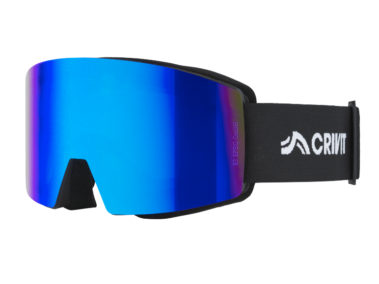 Skibrille mit blauen Spiegelgläsern, schwarzem Band und der Aufschrift „S3 SPEQ GmbH“