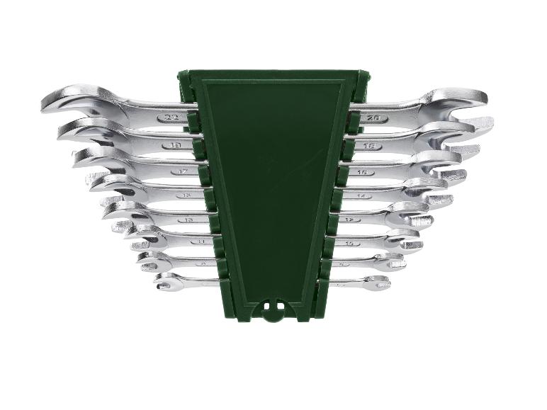 Ein Satz von neun Ringschlüsseln in einem grünen Halter.