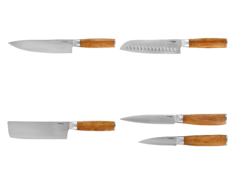 Küchenmesserset aus Edelstahl mit Holzgriffen.