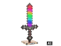 Tischlampe in Form eines bunten Pixelschwerts auf einem Sockel.