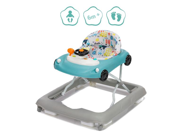 Baby-Lauflernhilfe in Autoform, blau und grau, ab 6 Monaten.