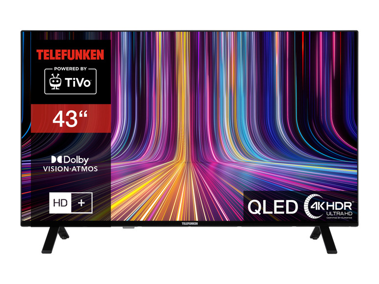 Ein 43 Zoll Telefunken QLED 4K HDR Fernseher mit Dolby Vision Atmos.