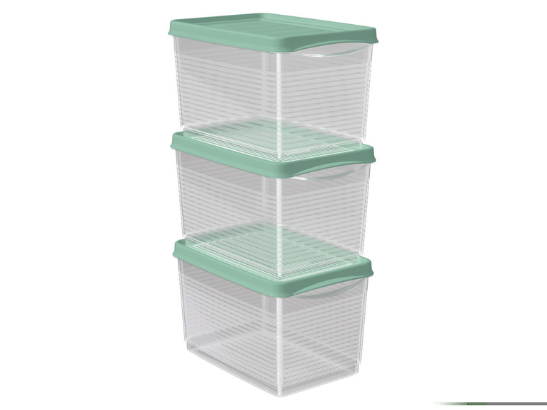 Drei transparente Aufbewahrungsboxen mit grünen Deckeln.