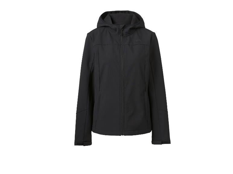 Schwarze Kapuzen-Softshelljacke mit durchgehendem Reißverschluss und verstellbaren Bündchen.