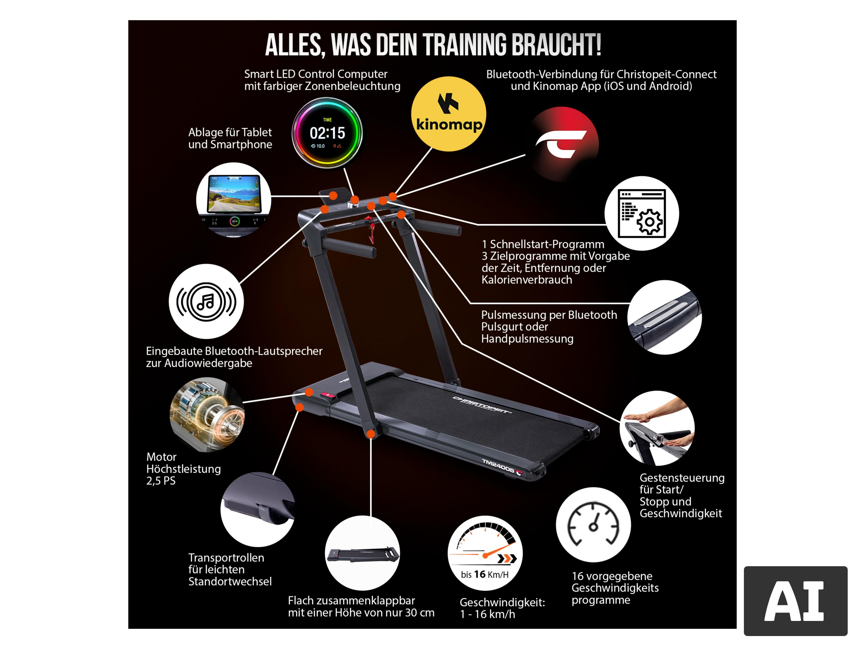 CHRISTOPEIT Laufband »TM 2400S« mit Gestensteuerung & Kinomap App – Bild 4 von 4