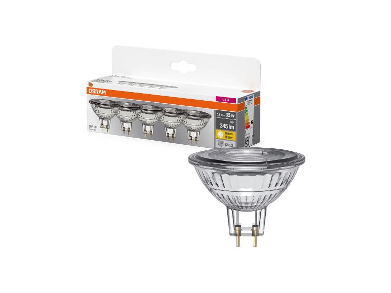 Packung mit fünf LED-Spots und einem einzelnen LED-Spot mit GU5.3-Sockel.