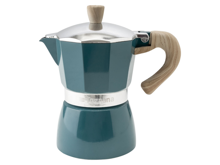 Eine blaue Fognana Espressomaschine mit Holzgriff.