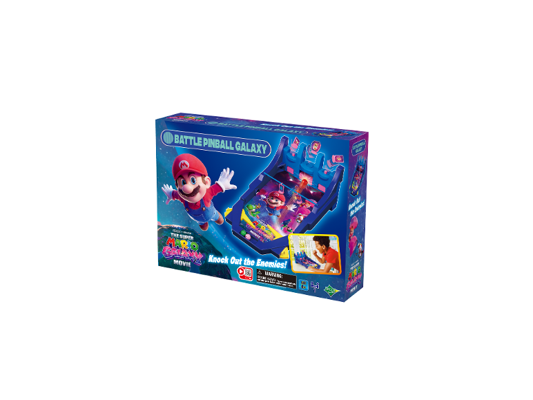 Ein Super Mario Galaxy Flipper-Spiel mit Mario auf der Verpackung, mit Warnhinweis für Kleinteile.