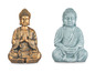 Zwei sitzende Buddha-Figuren, eine goldene und eine blaue.