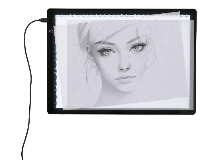 LED-Leuchttisch mit weiblicher Porträtzeichnung und USB-Kabel.