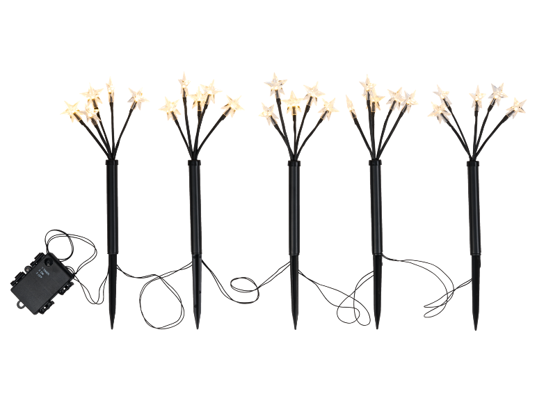 Fünf sternförmige LED-Gartenleuchten mit Erdspießen und Steuerbox.