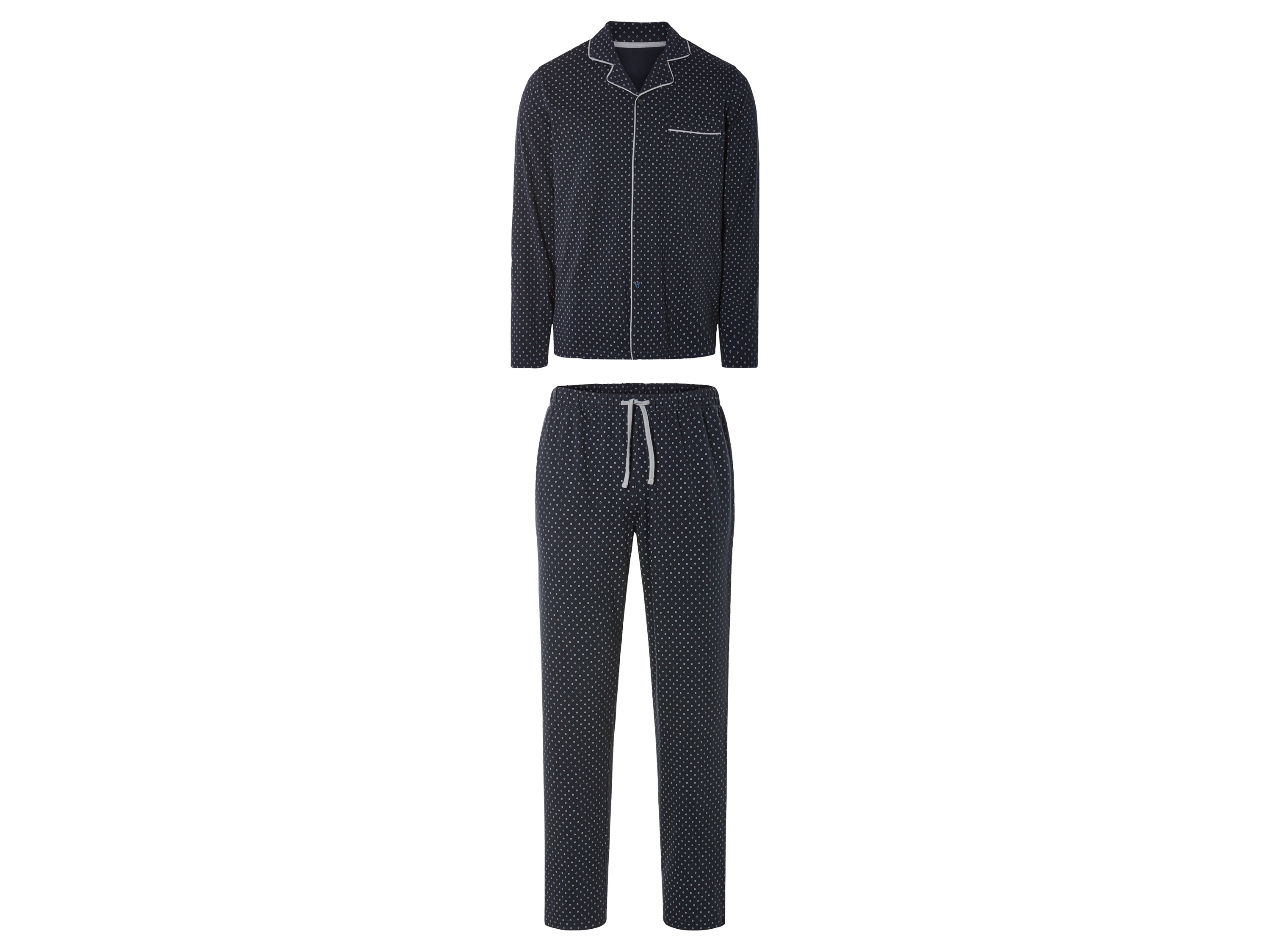 LIVERGY® Herren Pyjama (S(44/46), Muster navy)““ | Hemd mit durchgehender Knopfleiste und aufgesetzter Brusttasche Ausschnitt: – Kragenform: Reverskragen Material: Baumwolle, 40 % Polyester recycelt Pflegehinweis: waschen bei max. 40 °C nicht bleichen schonende Trocknung im Wäschetrockner bei max. 60 °C bügeln bis 150 °C Stufe 2. Dampfbügeleisen kann verwendet werden nicht trockenreinigen Größe: S 44/46 – XL 56/58 Meine Lidl-Größe – so einfach gehts Deine Größe findest du in der Lidl-Größentabelle . Oeko-Tex® Standard 100 Geprüft auf Schadstoffe Zertifizierungsnummer: 2018Ok0144 Aitex Standard 100 by Oeko-Tex® ist die weltweit bekannteste, unabhängige Zertifizierung schadstoffgeprüfter Textil- und Lederprodukte aller Art – vom Garn und den Stoffen bis hin zum gebrauchsfertigen Artikel. Das Label bestätigt