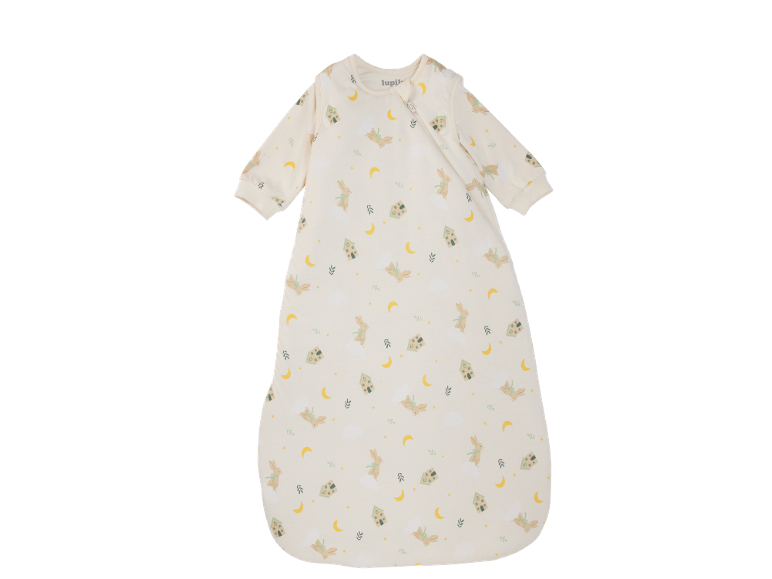 Babyschlafsack mit Ärmeln, bedruckt mit Hasen, Monden und Häusern.