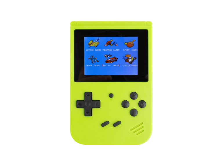 Hellgrüne Handheld-Spielkonsole mit einem Spielauswahlmenü auf dem Bildschirm.