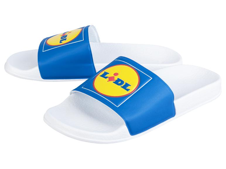 Lidl Badelatschen, blau und weiß.