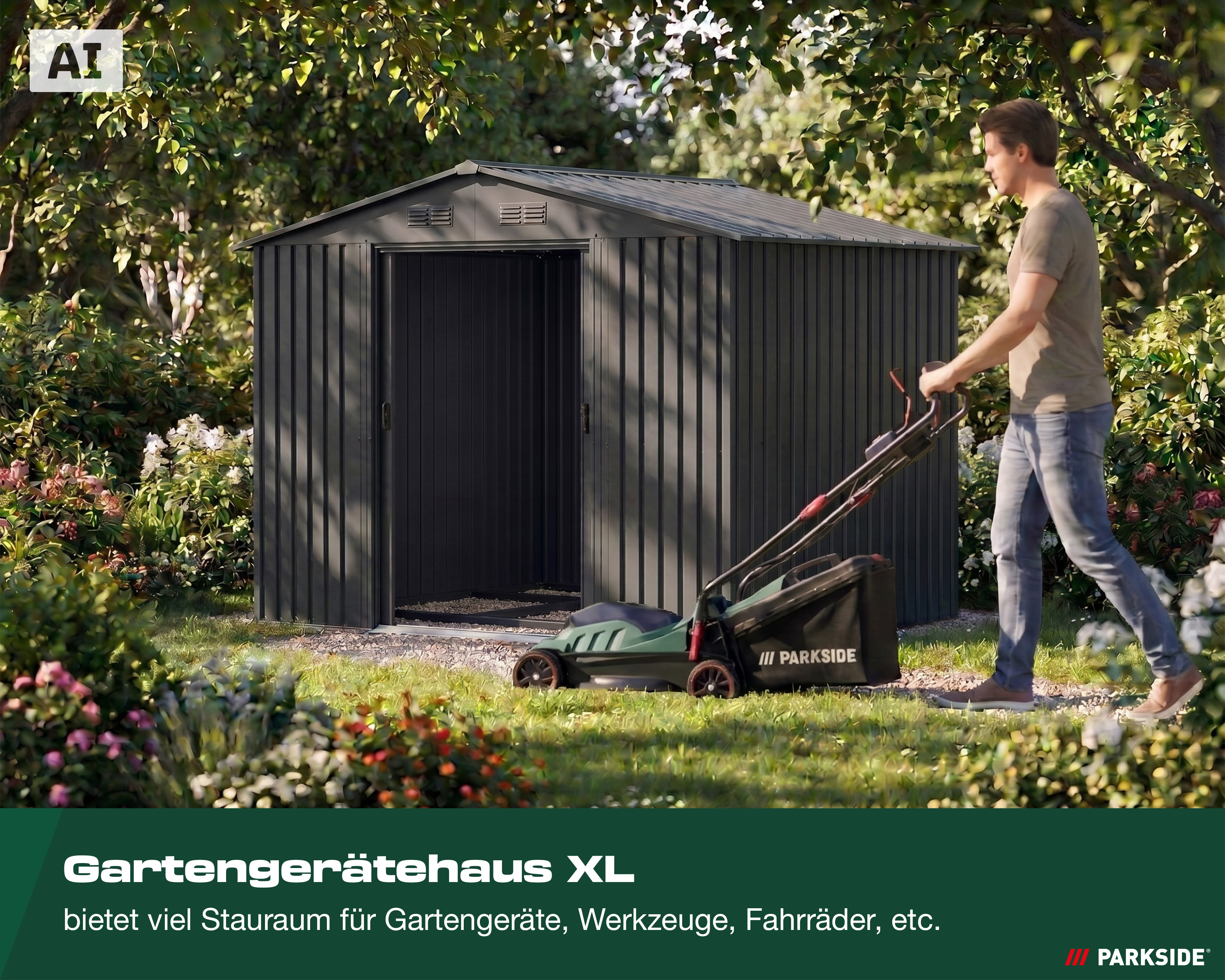 AI-generiert: Mann schiebt einen Rasenmäher in das geöffnete anthrazitfarbene Parkside XL Metall-Gerätehaus im Garten.