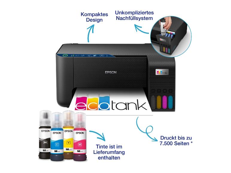 Epson EcoTank Drucker mit Tintenflaschen und Text zu kompaktem Design und einfachem Nachfüllsystem.