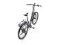 Graues E-Bike mit Gepäckträger und digitalem Display am Lenker.