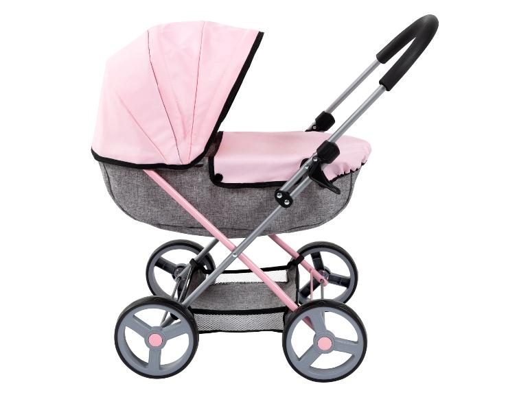 Rosa und grauer Puppenwagen mit faltbarem Verdeck und Einkaufskorb.