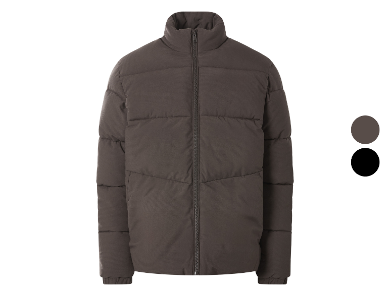 Dunkelbraune Steppjacke mit Reißverschluss, mit braunen und schwarzen Farbmustern.
