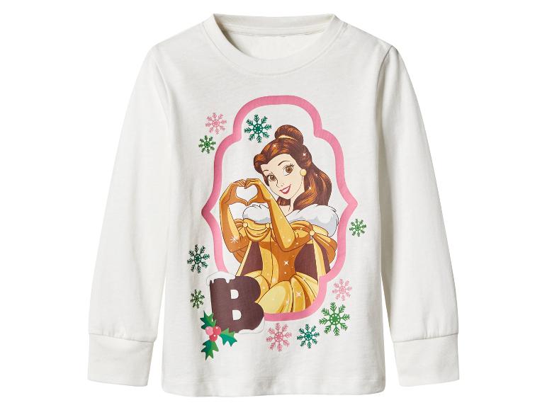 Weißes Langarmshirt mit einem Aufdruck von Belle aus Die Schöne und das Biest, umgeben von Schneeflocken