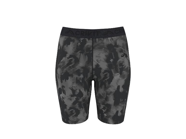 Schwarze und graue Sportshorts mit abstraktem Muster und elastischem Bund.