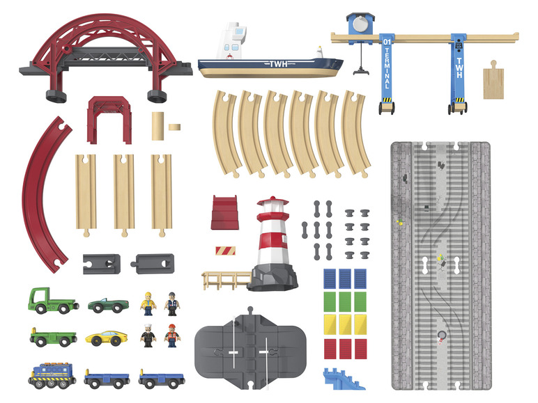 Playtive Holz Eisenbahn-Set Containerhafen, 3 Stationen mit