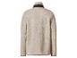 Beige Teddyfleecejacke mit schwarzem Kragen und Bündchen.